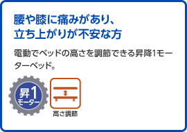 腰や膝に痛みがあり、立ち上がりが不安な方／電動でベッドの高さを調節できる昇降1モーターベッド。
