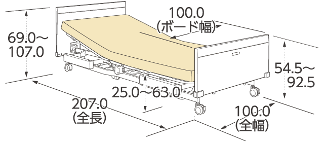 4輪ロック［8cm径］仕様（90cm幅）スクエアボード寸法図